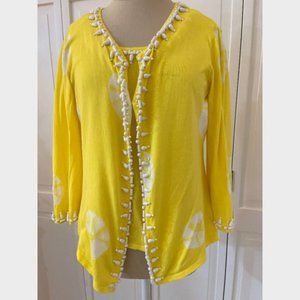 Michael Simon Petite Womens Cotton Knit Twin Set PM Yellow White Beaded 2 pc SET